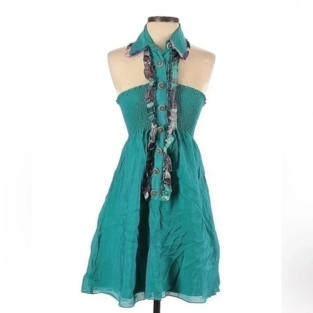 Meghan Los Angeles Retro Chic Teal Sleeveless Button Down Ruffle Dress Size 2